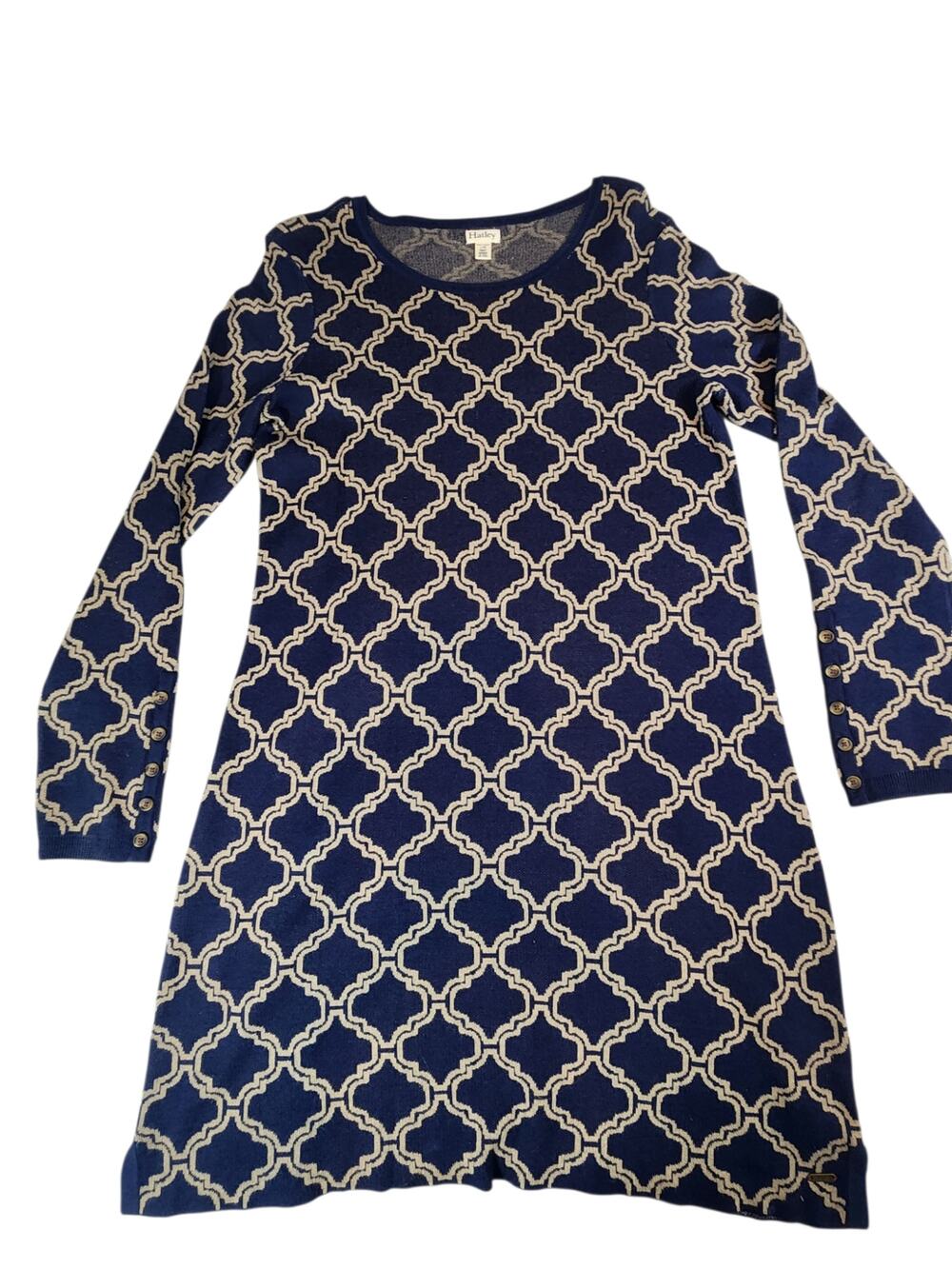 Hatley Blue & Cream Geometric Knit Sweater Dress Women's Large Long Sleeve
